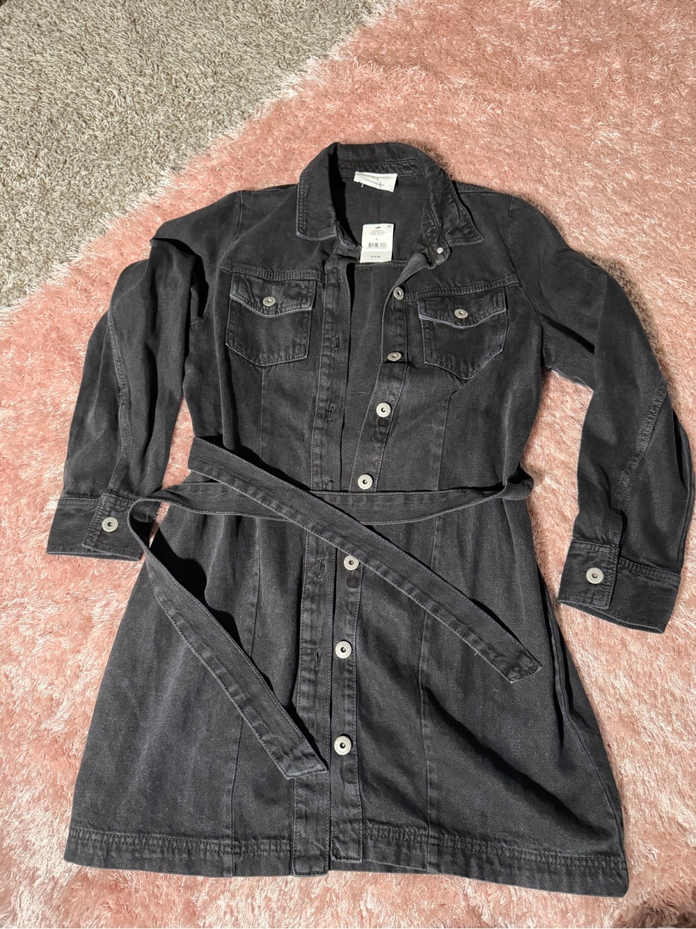 Cotton On Black Button-Front Denim Shirt Dress with Waist Tie